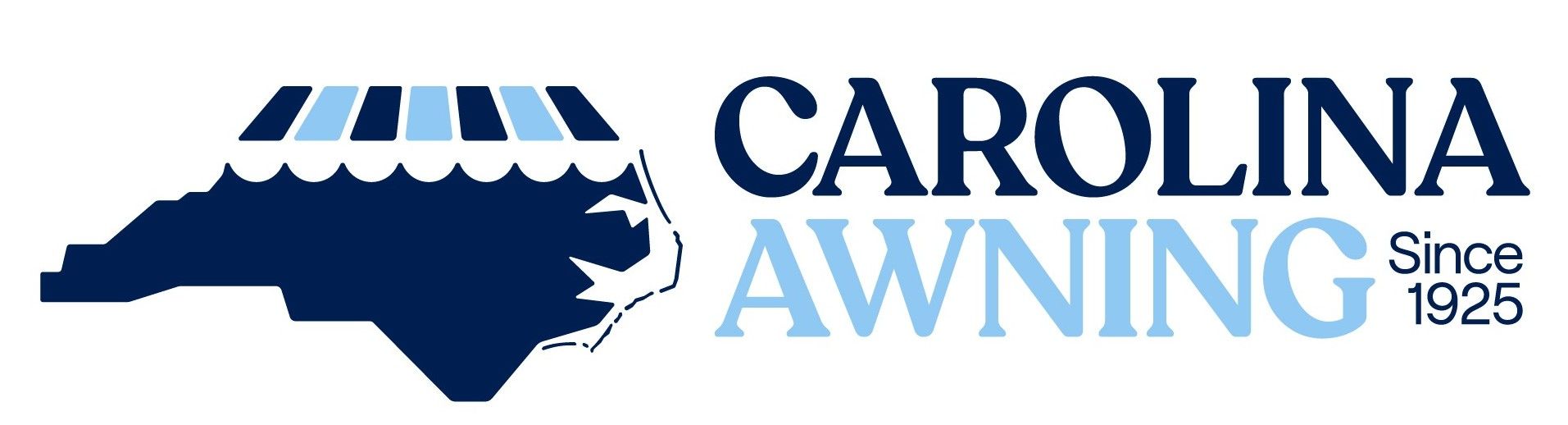 Carolina Awning logo with blue awning graphic and navy text on a white background