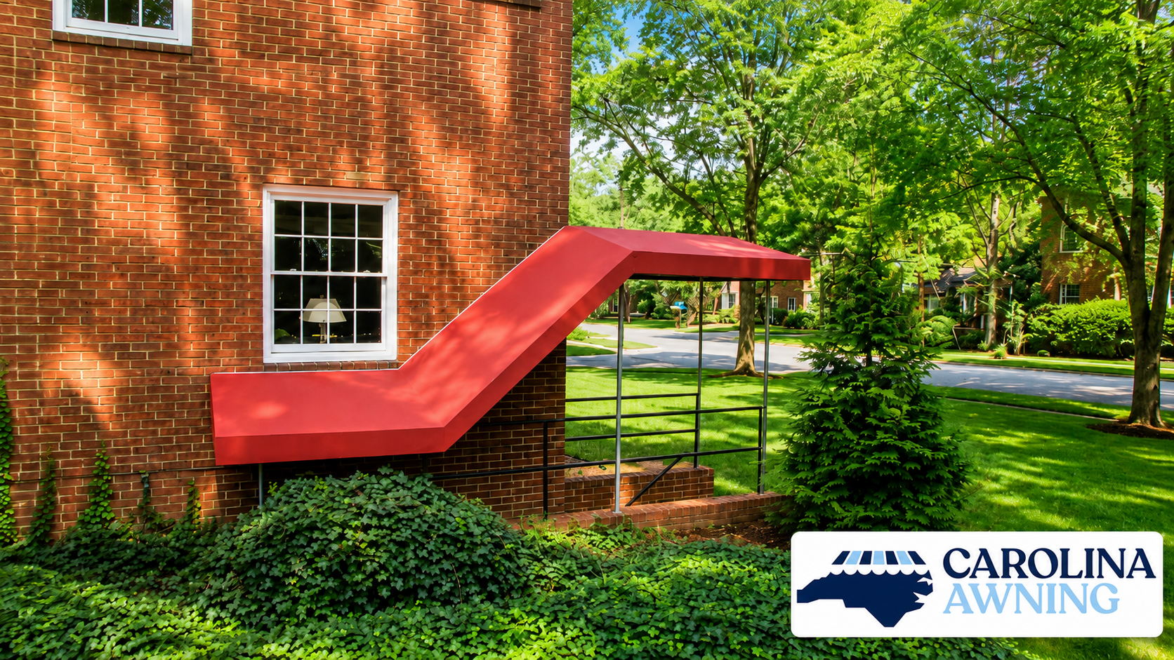 Red awning attached to a brick building beside a green lawn and trees, with Carolina Awning logo.