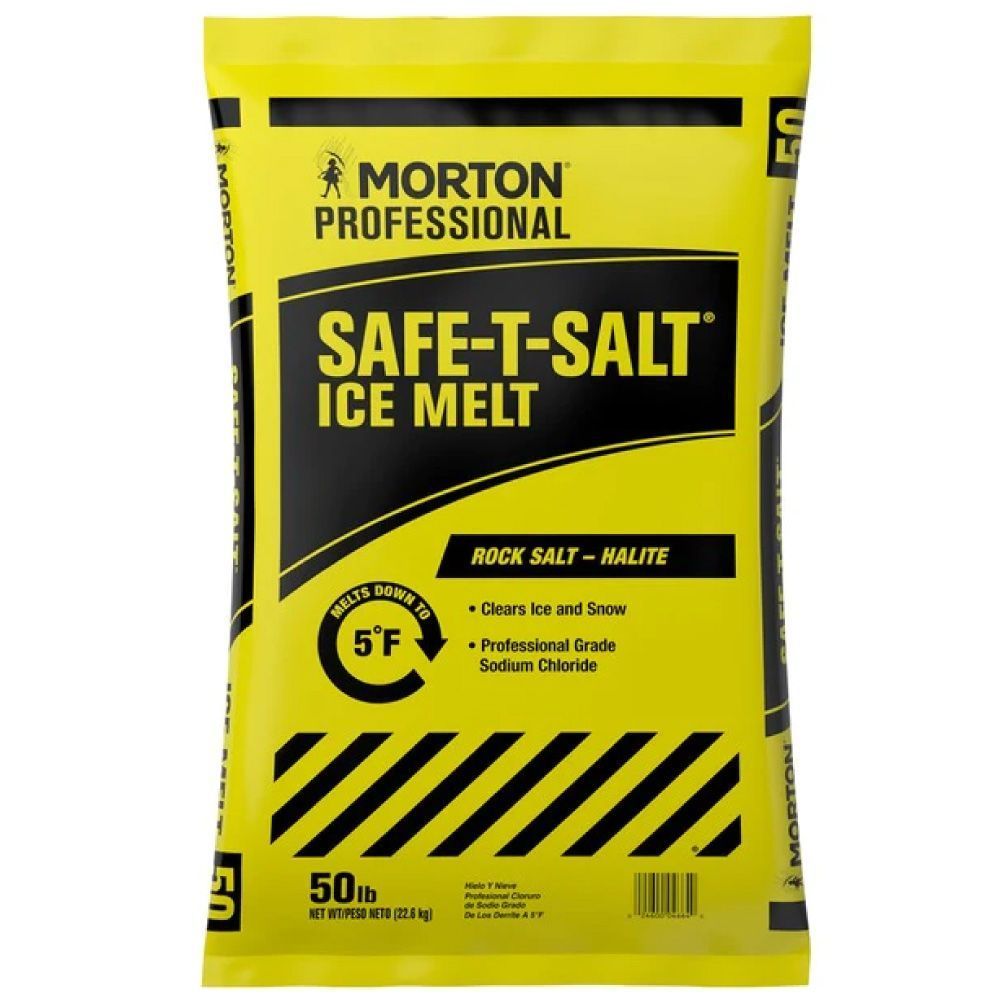 Yellow bag of Morton Safe-T-Salt ice melt. Black text on the front says