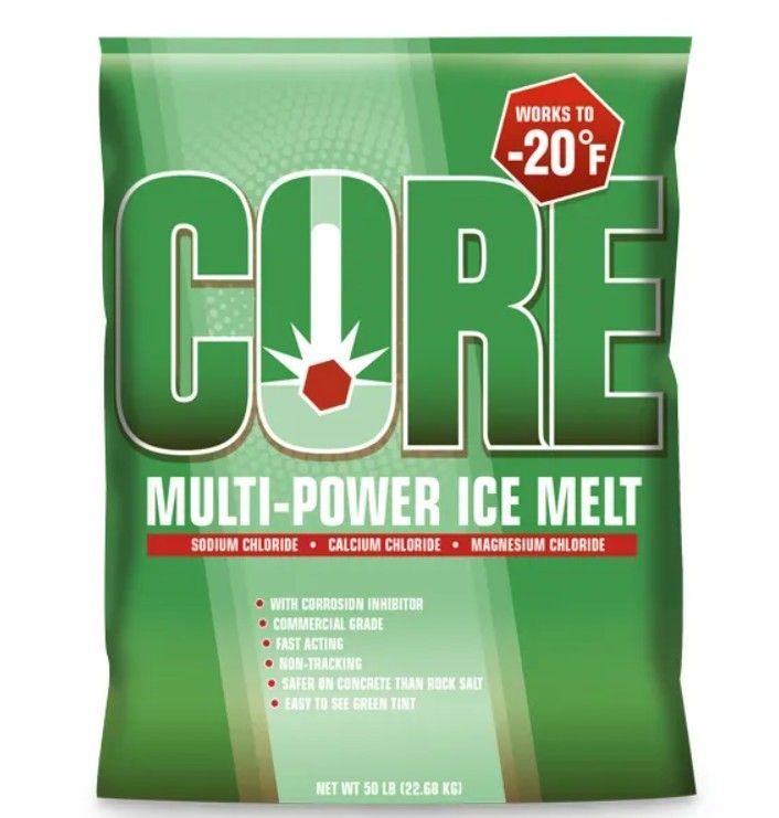 Green bag of Core multi-power ice melt, showing the brand name and ingredients, works to -20°F.