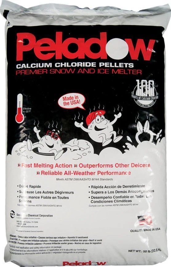 Bag of Peladow calcium chloride pellets, premier snow and ice melter.