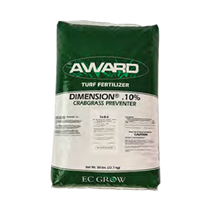 A bag of award turf fertilizer dimension 10 % crabgrass preventer.