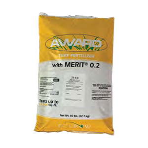 A bag of award turf fertilizer with merit 0.2 on a white background.