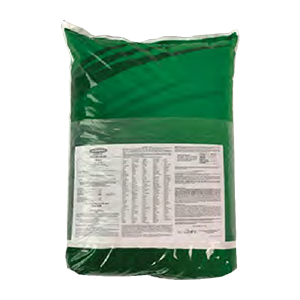 A green bag with a white label on it on a white background.