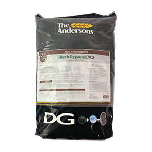 A bag of the andersons black gypsum dg on a white background.