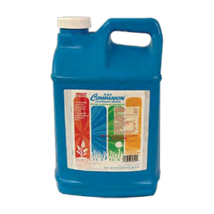 A blue bottle of all companion lawn fertilizer on a white background.