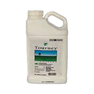 A bottle of tourney lawn fertilizer on a white background.