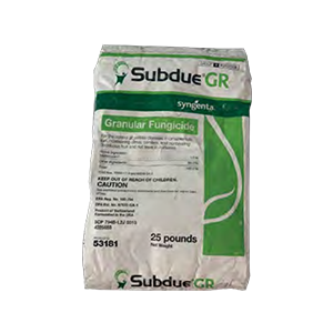 A bag of subdue gr granular fungicide on a white background.