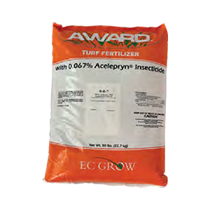 A bag of award turf fertilizer with 0.67 % acceleryn insecticide