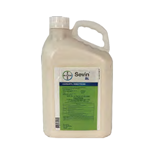 A gallon of sevin insecticide with a handle on a white background.