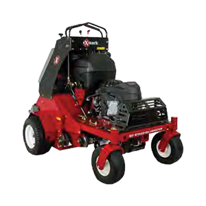 A red and black lawn mower on a white background.