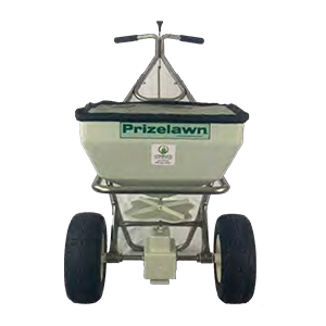 A white prizelawn spreader with black wheels on a white background.