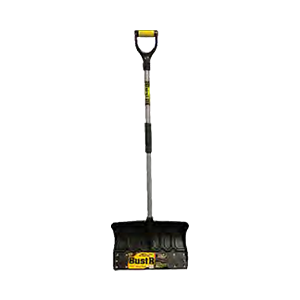 A snow shovel with a yellow handle on a white background.