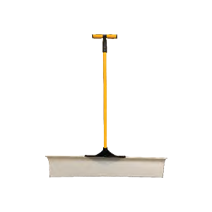 A snow shovel with a yellow handle on a white background.