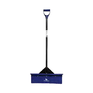 A blue snow shovel with a long handle on a white background.