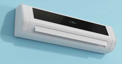 white wall-mounted air conditioner with black panel, on a light blue wall