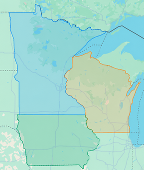 Map of Upper Midwest with colored state office markers for Minnesota, Wisconsin, Milwaukee, and Des Moines.