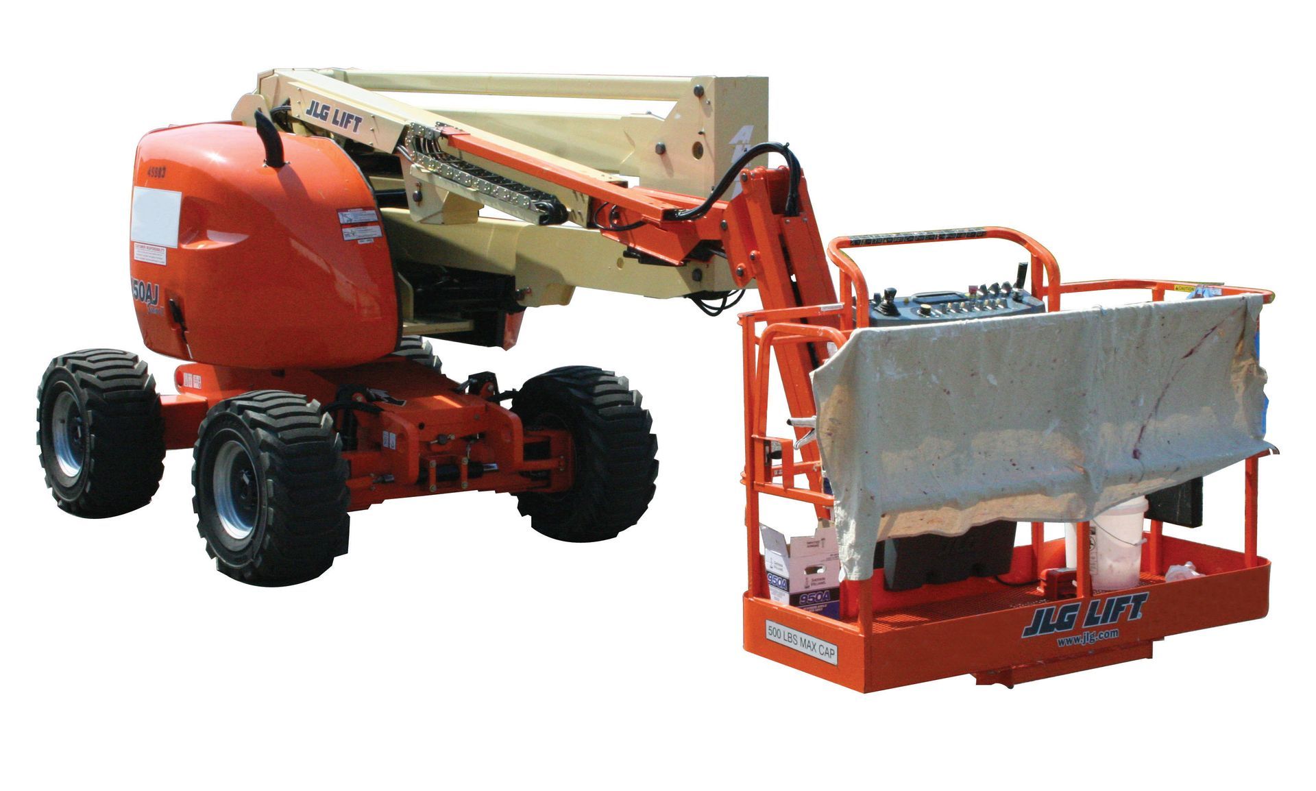 Orange boom lift with a raised metal work platform and four black wheels on a white background