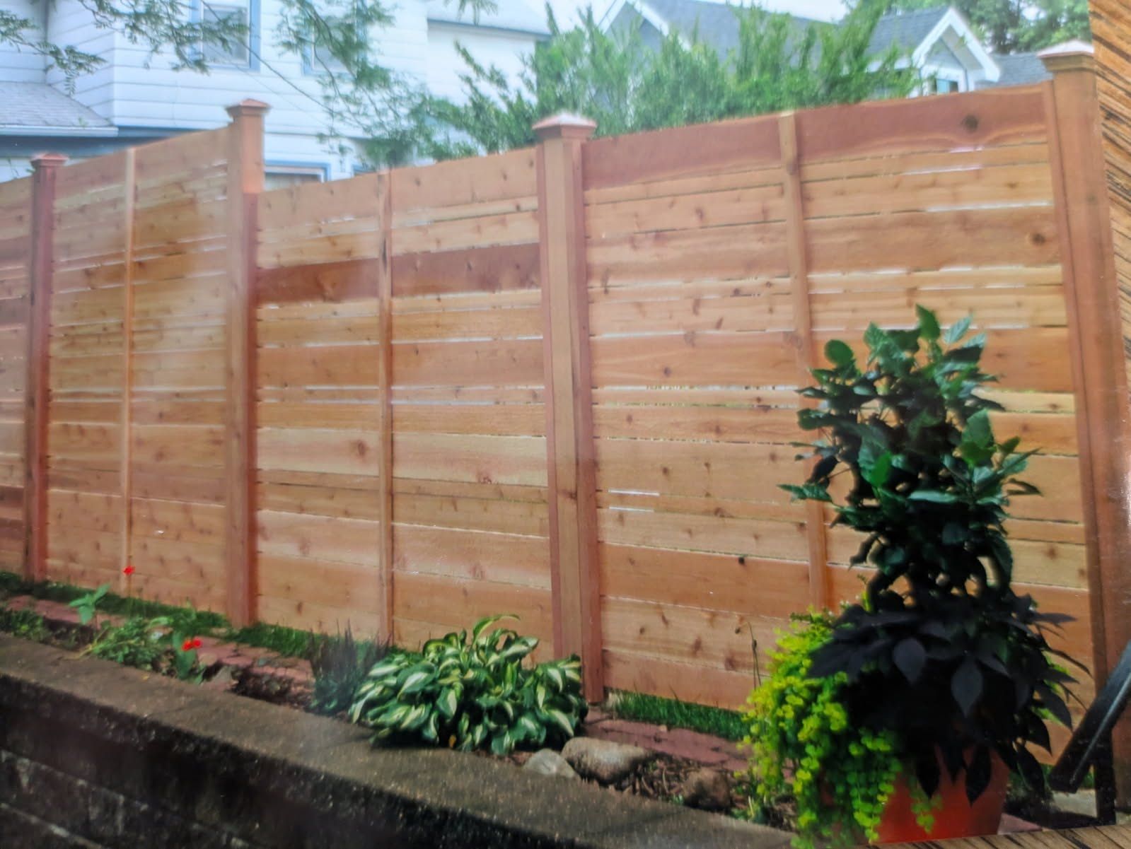 A wooden fence with a potted plant in front of it.