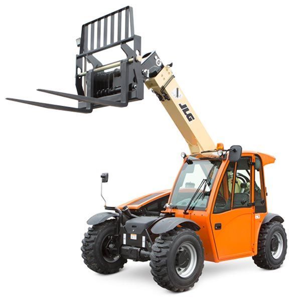 Orange JLG telehandler with forks extended, ready to lift.