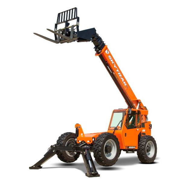 Orange SkyTrak telehandler with extended boom and forks, outriggers deployed.