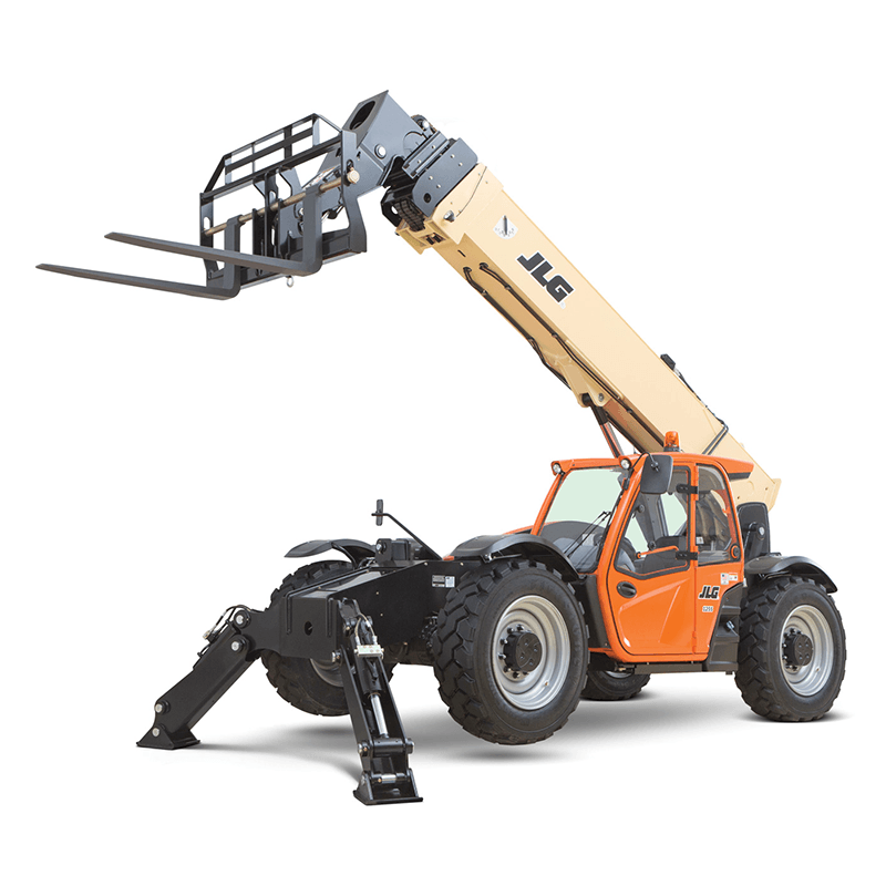 Orange and beige JLG telehandler with extended boom and forks.