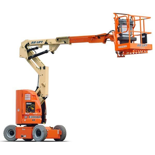Orange and beige articulating boom lift, raised, against a white background.
