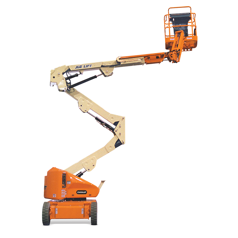 Orange and beige articulated boom lift, extended upward.