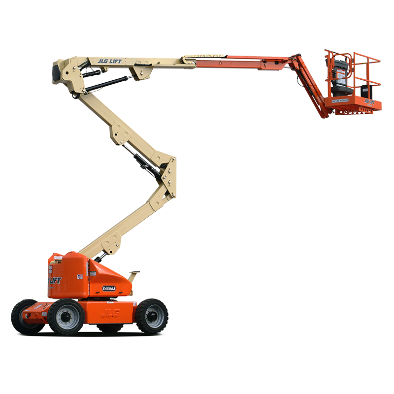 Orange and beige articulated boom lift, extended, with a person-sized platform.