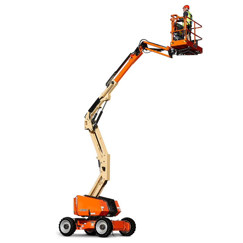 Orange and beige articulating boom lift with worker in basket.