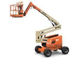 Orange and beige articulating boom lift, extended, used for aerial work.