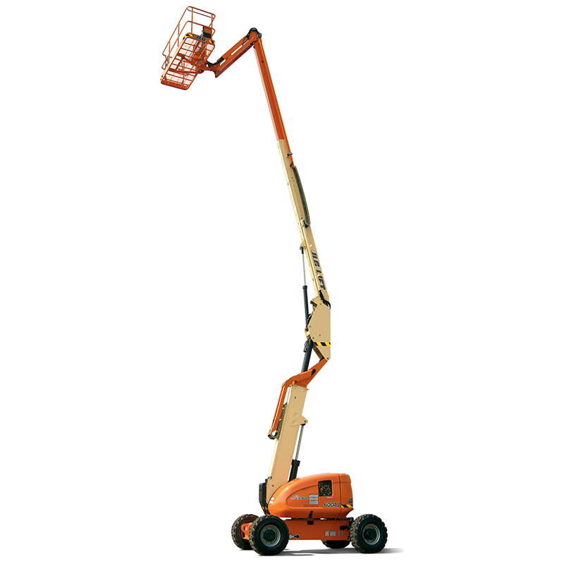 Orange and beige telescopic boom lift with an elevated basket on a white background.