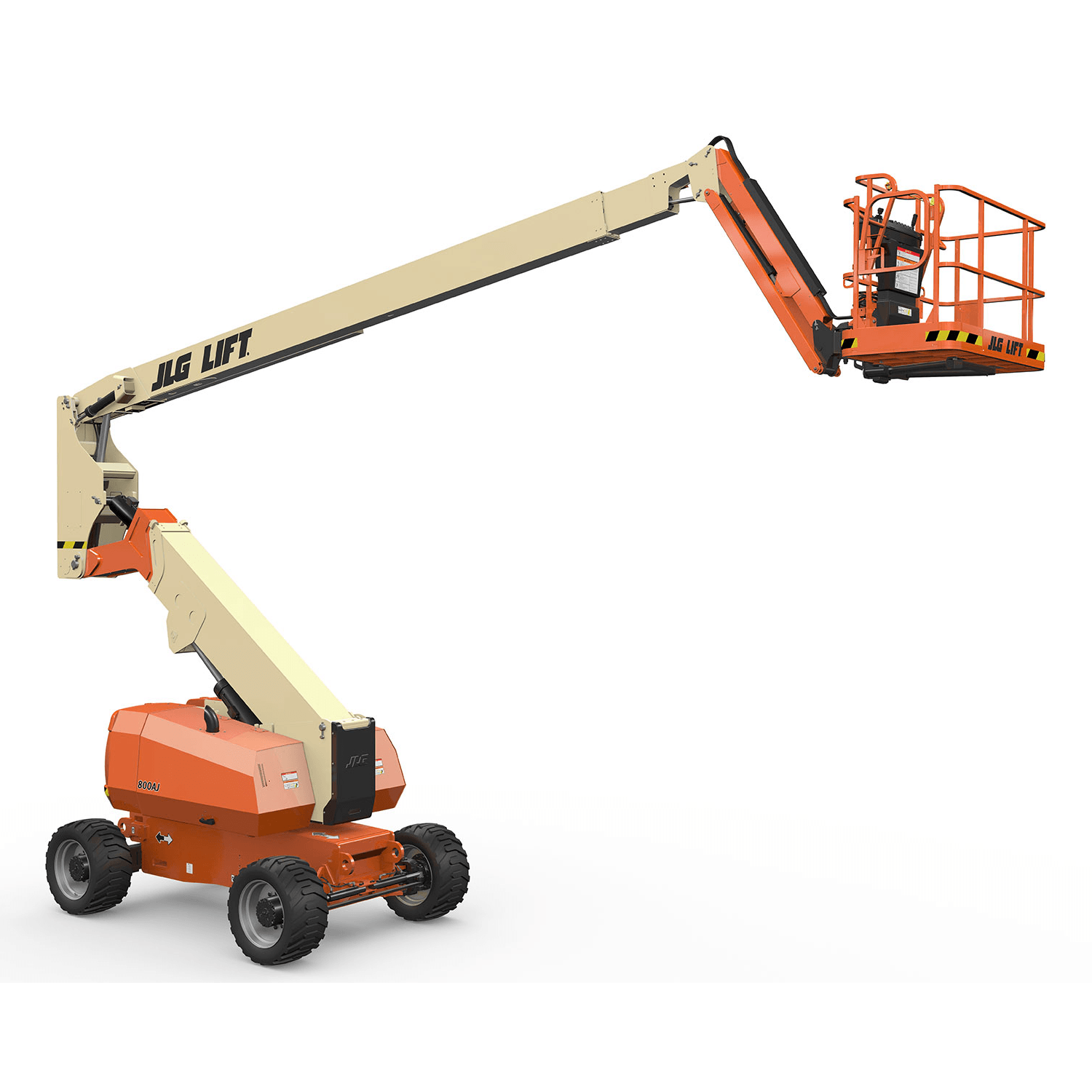 Orange and beige articulating boom lift extending upwards, with a person-sized work platform at the end.