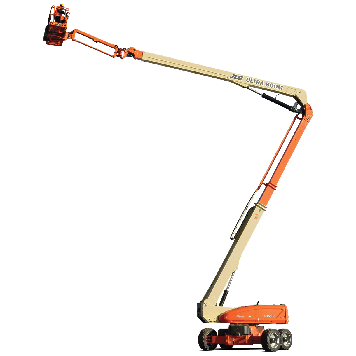 Orange and beige articulating boom lift, extended upward.