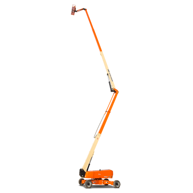 Orange articulated boom lift, extended upward, on a white background.