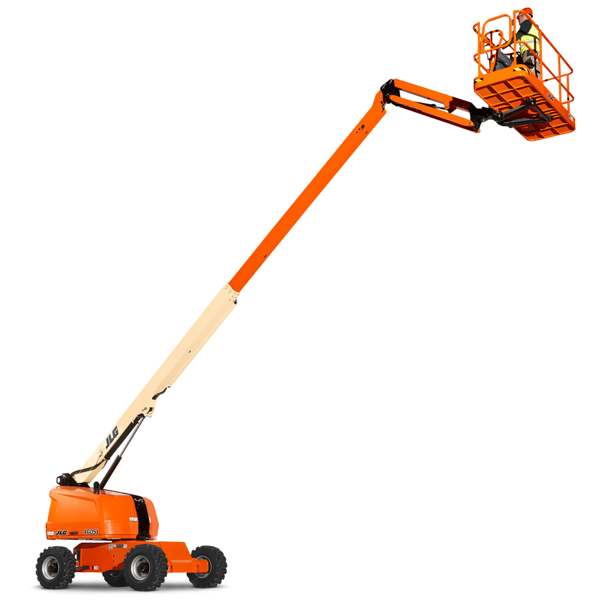 Orange boom lift with a worker in the basket, raised in the air.