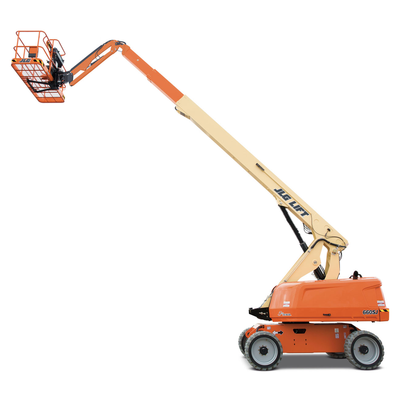Orange JLG boom lift with an extended arm, used for aerial work.
