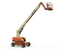 Orange and beige articulated boom lift, raised in the air, with a person-sized basket.