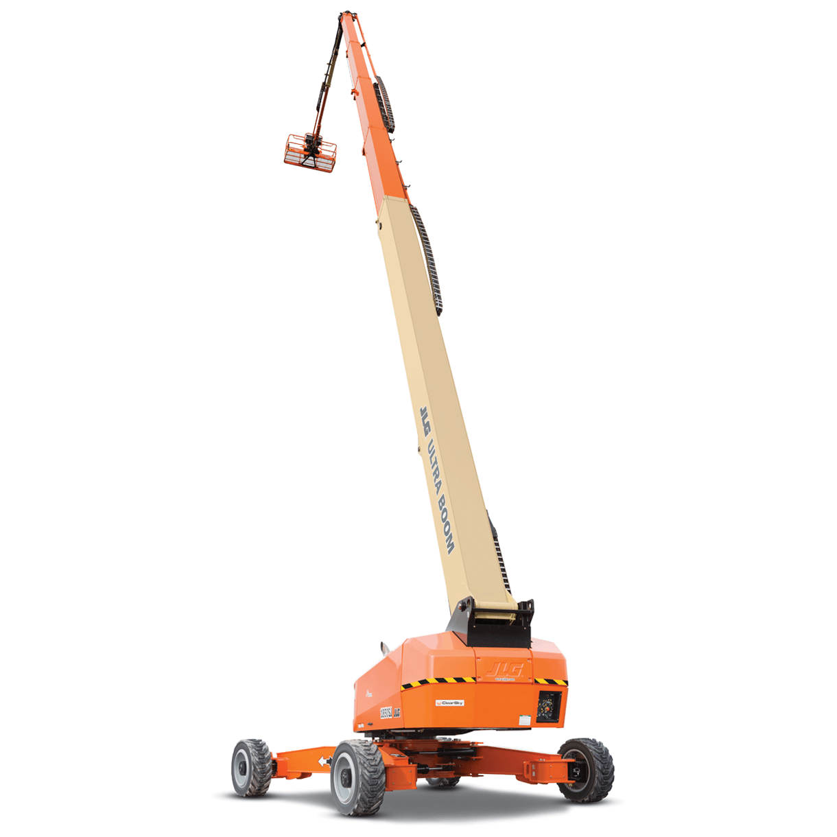 Orange and tan telescopic boom lift, fully extended, against white background.