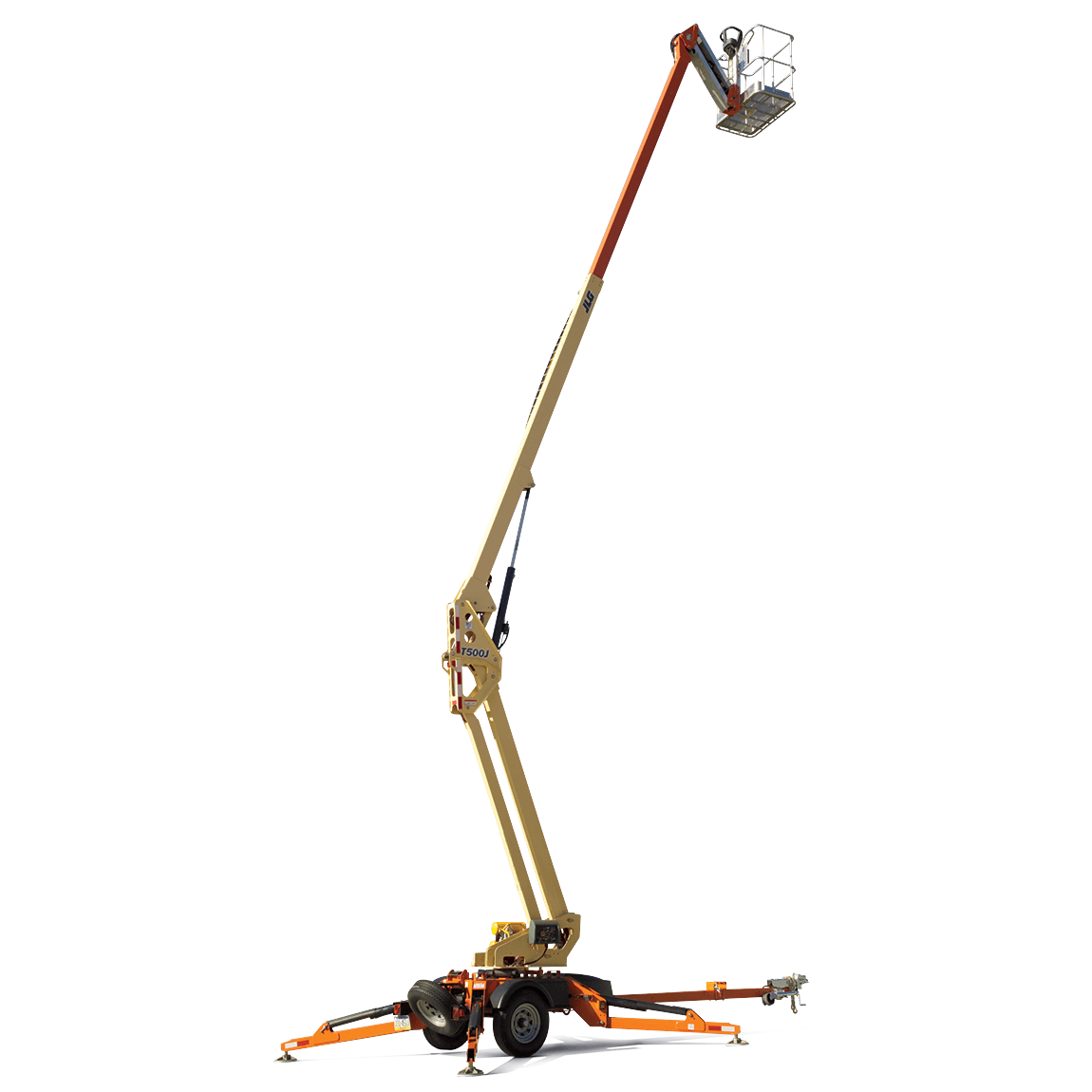 Orange and beige articulating boom lift extended, with basket at the top.