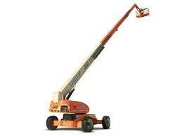 Orange and beige articulating boom lift, extended, with a worker platform.