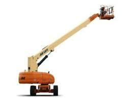 Orange and beige boom lift with platform raised, against a white background.