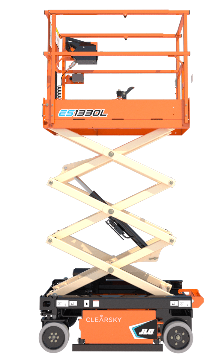 Orange JLG ES1930L scissor lift on a white background, ready for use.