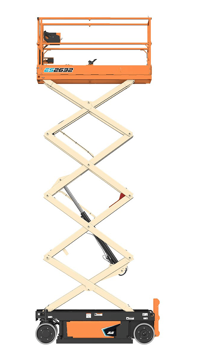 Orange scissor lift extended; platform at top.
