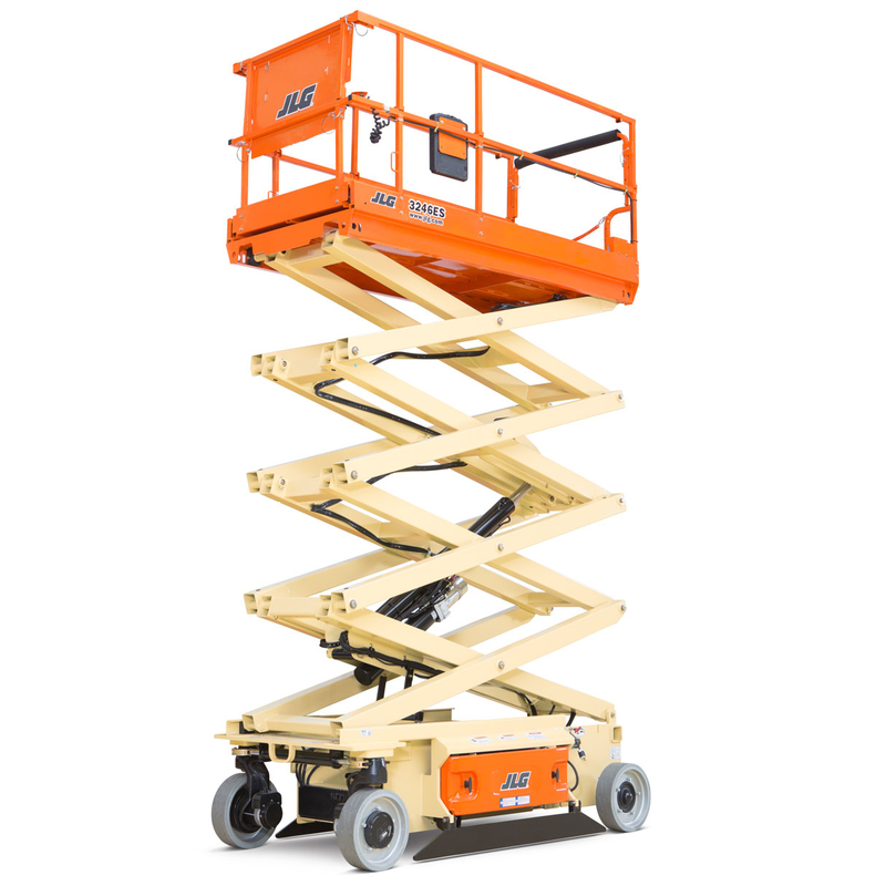 Orange and beige scissor lift in an indoor setting.