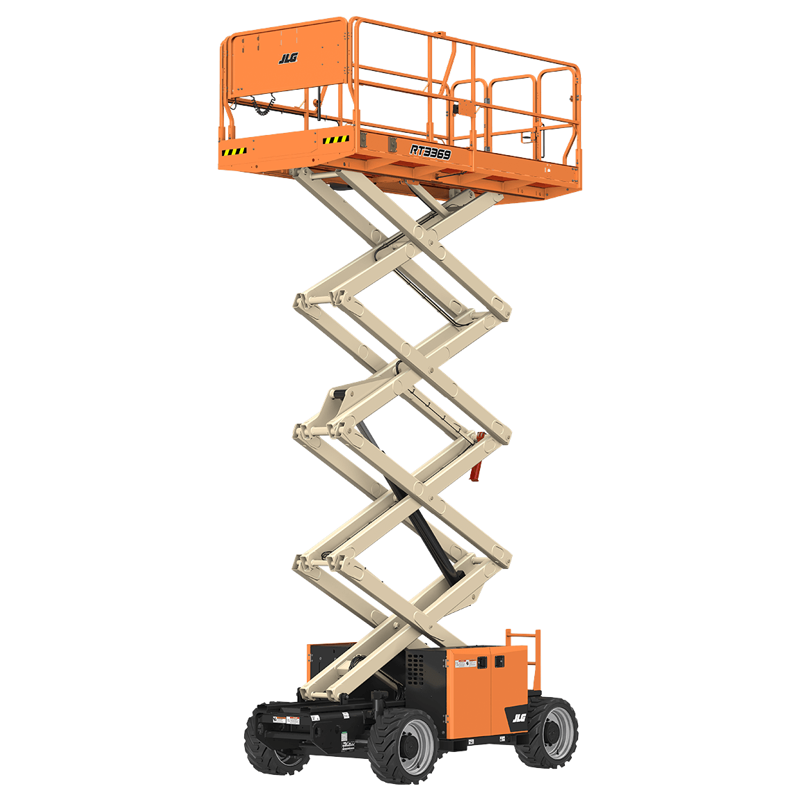 Orange and beige scissor lift with elevated platform; black wheels on ground.