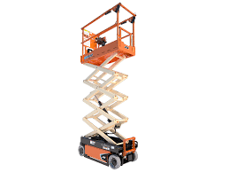 Orange scissor lift platform extended high, against a white backdrop.