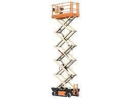 Orange and white scissor lift raised in the air.