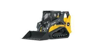 Yellow and black John Deere compact track loader with bucket, on a white background.