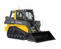 Yellow and black John Deere track skid steer loader with bucket.